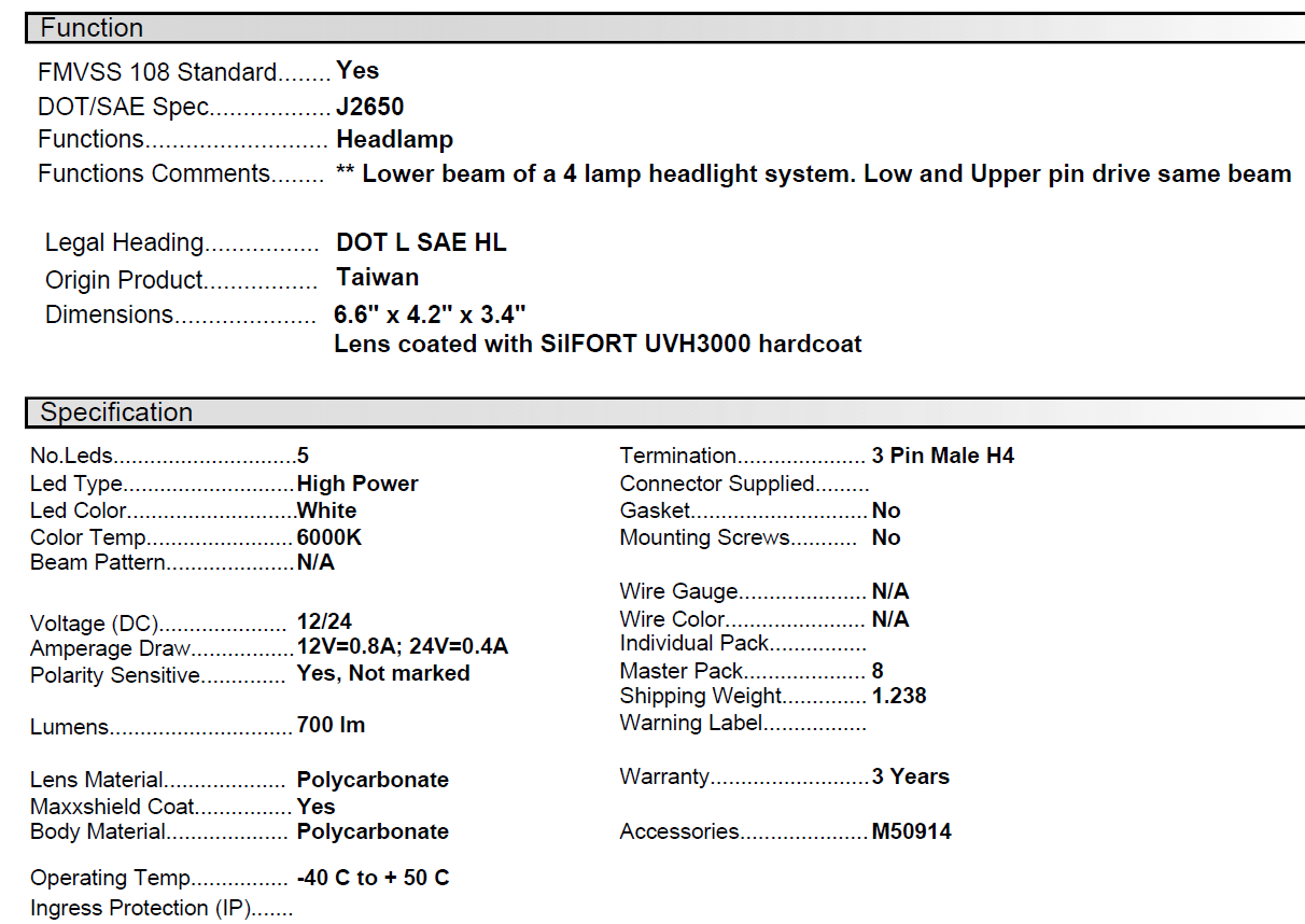 MHLE-4X6LO, LED 4 x 6 Low Beam Rectangle Headlamp