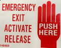 E148, Garman 4.5 × 3.5 in Decal Red on White Emergency Exit Activate Release