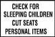 SB159, Garman Decal Check For: Sleeping Children, Cut Seats, Personal Items - 6" x 4"