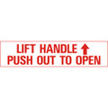 SB86, Garman Decal Lift Handle Push Out To Open - Red on Clear - 5 1/2" x 1 3/4"