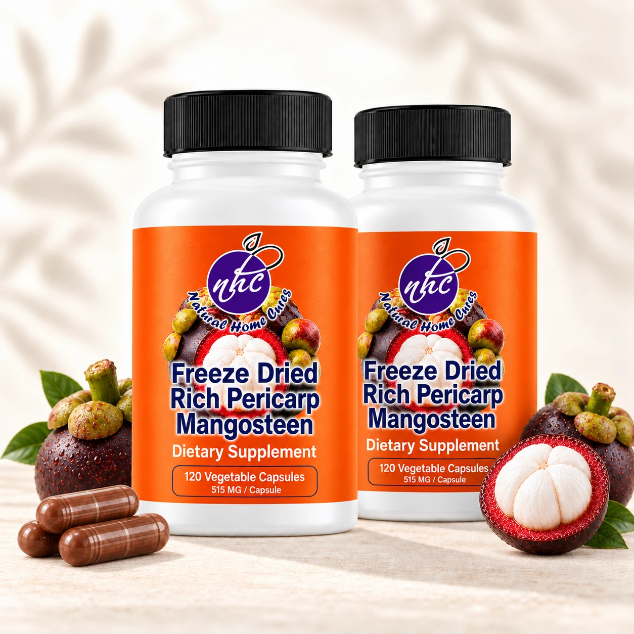 Two bottles of Natural Home Cures freeze-dried mangosteen capsules