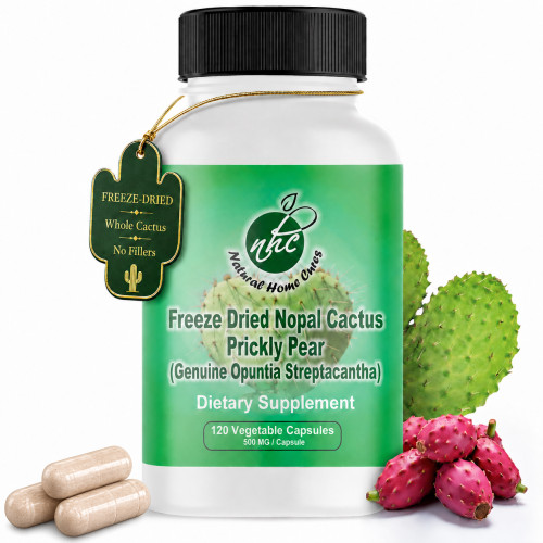 Natural Home Cures Freeze-Dried Nopal Cactus supplement bottle with loose capsules, cactus pads, and ripe prickly pear fruit