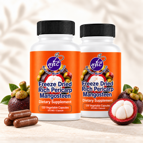 Natural Home Cures Freeze-Dried Rich Pericarp Mangosteen supplement bottle with loose capsules and whole mangosteen fruit