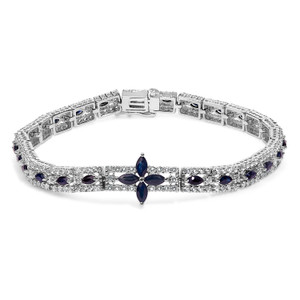 Sterling Silver Dark Blue Sapphire and Topaz Marquise Floral Art Deco Link Bracelet N162-025497BM12