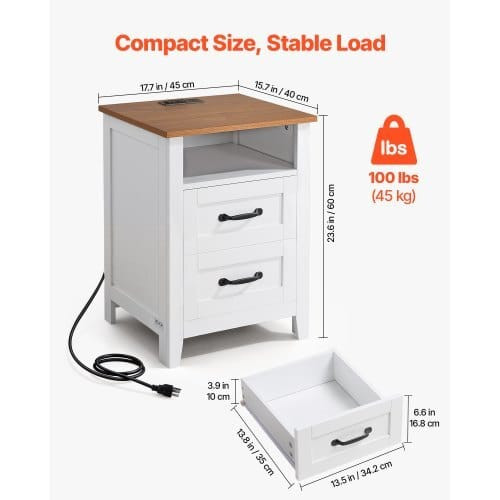 Farmhouse Nightstand, with Charging Station, End Table with 2 Drawers and Open Shelf, Bedside Stora E415-BCGBSBZHBCTJTJFDP001V1