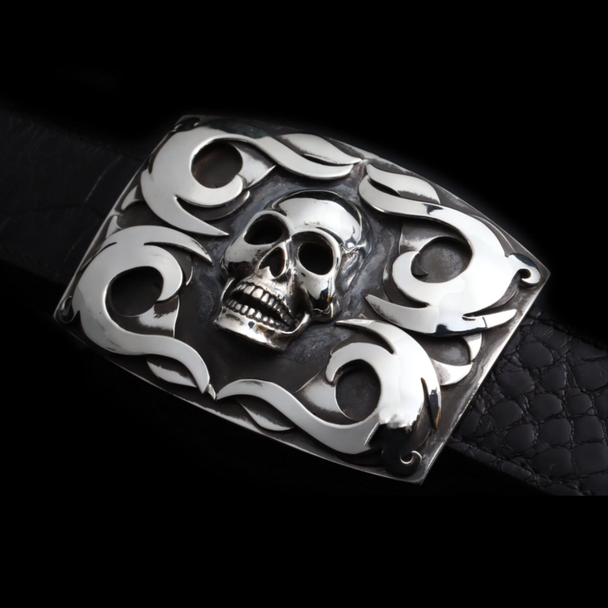 Sterling Skull with tribal Overlay Scrolls Buckle - 1 1/2 - J.W. COOPER