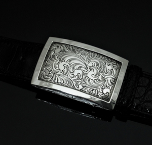 Engraved Sterling Silver with Polish Border Buckle - 1 1/2"