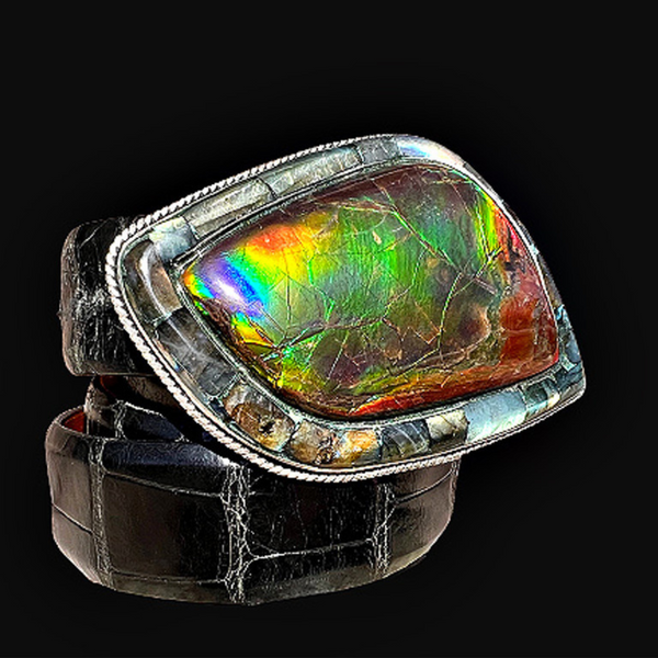 Ammolite Gemstone Buckle - 1 1/2". The rare and vibrant ammolite gemstone is showcased in this stunning buckle. JWCooper.com