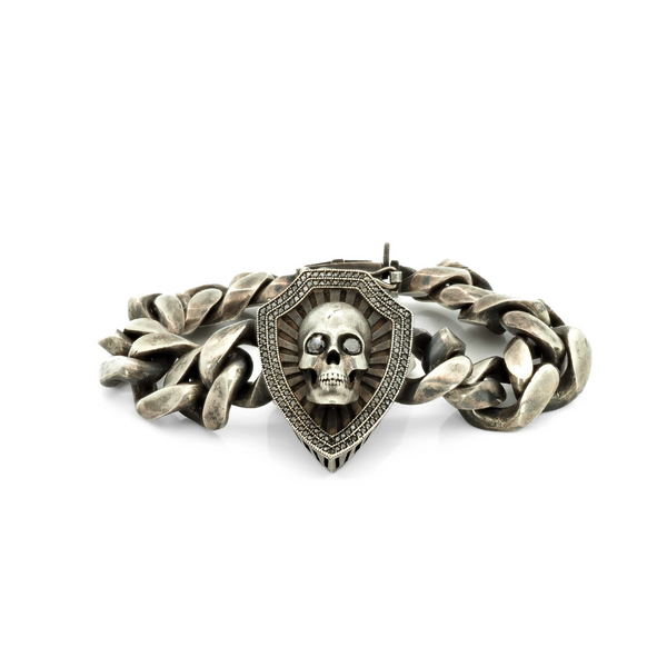 Skull and Shield Curb Bracelet with Black Diamonds (JW-TARBRA138) JWCooper.com