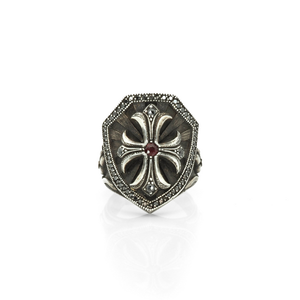 Cross and Shield Ring with Black Diamonds (JW-TARRNG148) JWCooper.com