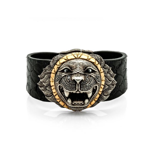 Sterling Silver Lion Men's Leather Bracelet