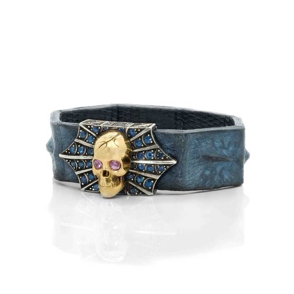 Gold Skull and Spider Web Bracelet with Sapphires (JW-TARBRA165) JWCooper.com