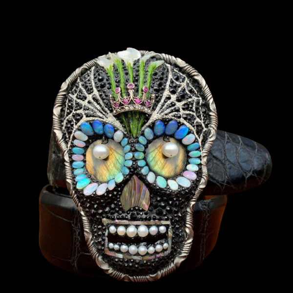 Sugar Skull Buckle with Opals & Pearls