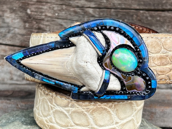 million+-year-old Otodus shark tooth belt sterling silver buckle with Labradorite 