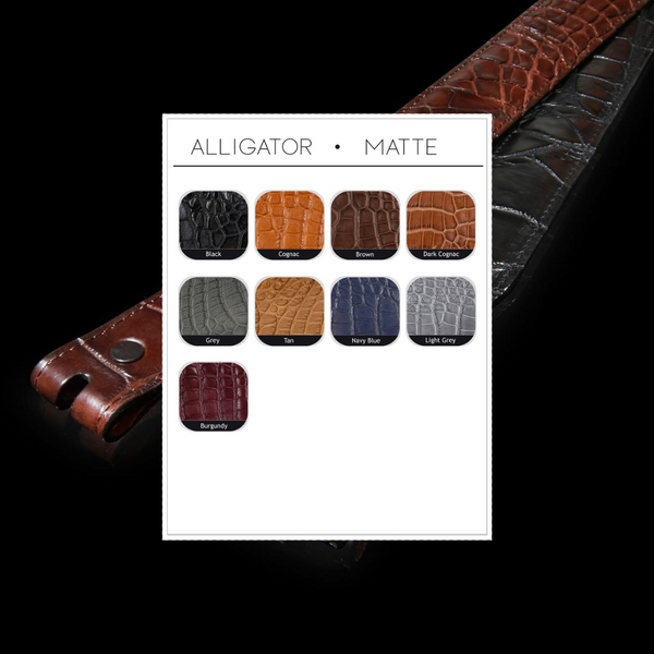 Colors/shades for lligator Matte 1 1/4" Tapered to 1" Belt Strap. Crafted from genuine alligator leather, this strap combines sophistication and versatility. Matte finish Alligator belts to fit 1" buckles. JWCooper.com