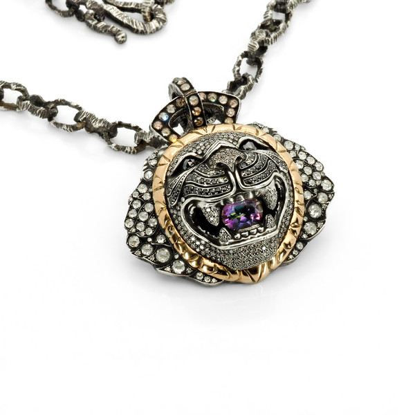 LION NECKLACE IN 18K GOLD & STERLING SILVER WITH DIAMONDS & LARGE SAPPHIRE