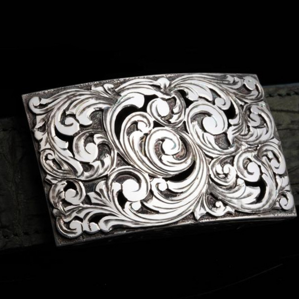 A stunning image featuring our Sterling Silver Buckle with Sterling Overlays. The buckle is showcased in high-resolution, displaying its intricate design and exceptional craftsmanship. jwcooper.com