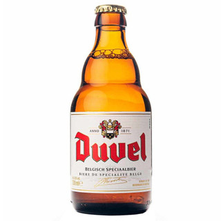 A single, amber-hued bottle proudly displaying the iconic red branding of Duvel Belgian Golden Ale displayed in bold.