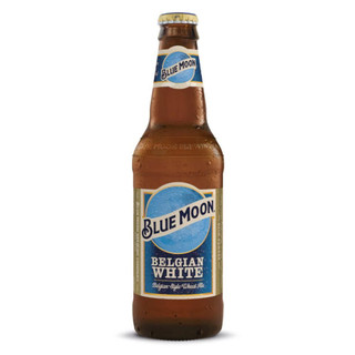 A single bottle of Blue Moon Belgian-Style Ale featuring a crescent moon against a backdrop of deep blue sky.