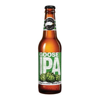 A single brown bottle with the distinguished branding of Goose Island IPA, with clean lines, fresh green labels and hops.