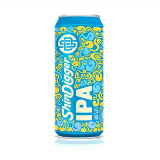 A single tall can of Shindigger with IPA in bold white letters, against the eclectic bright blue and neon yellow background.