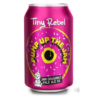 A single, electric purple can with a jammy donut pictured in the centre, with PUMP UP THE JAM written around it in yellow.
