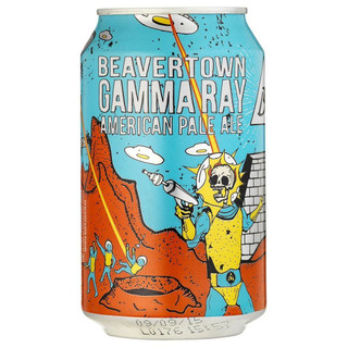 A single can with a backdrop of neon pink, bright blue and radioactive green, Beavertown Gamma Ray is written across the can.