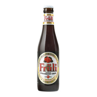 A single brown-hued bottle of Fruli Strawberry Beer showing a gold embossed label with a white centre and fresh strawberries.