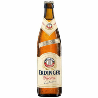 A single amber-hued bottle with a beige label around the neck and centre. In the label is the Erdinger name in dark blue.