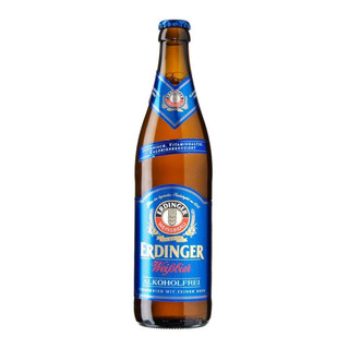 A single amber-hued bottle with a bright blue bottle cap label showing the Erdinger Weisbier Alcohol Free in gold and red.