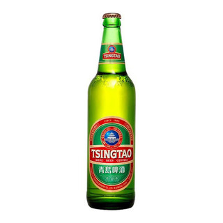 A single green-hued bottle with the Tsingtao logo in red with white Chinese symbols below the name on a green background.