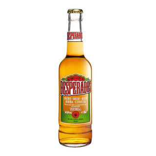 A single transparent bottle with a green, white and red label in the centre, displaying the Desperados name in bold letters.