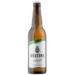 A single brown chilled bottle of Veltins Pilsner. The label is white with a green border with the branding in the centre.