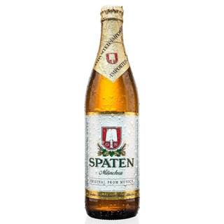 A single amber-hued chilled bottle with a golden foil around the cap and neck, showcasing the Spaten name around the middle.