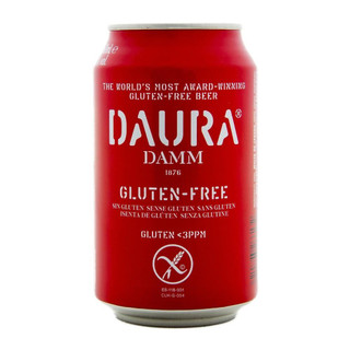A matte red can with Daura Damm Gluten Free written in bold white letters. Around the rim describes the award winning beer. A matte red can with Daura Damm Gluten Free written in bold white letters. Around the rim describes the award winning beer.