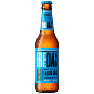 A single amber-hued bottle with an electric blue label around the neck and body, showcasing the Free Damm 0.0% in bold. A single amber-hued bottle with an electric blue label around the neck and body, showcasing the Free Damm 0.0% in bold.