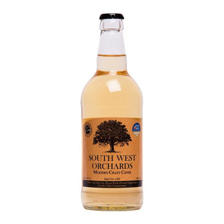 A single transparent bottle with a gold-peach label around the body of the bottle, the South West Orchards name sits central.