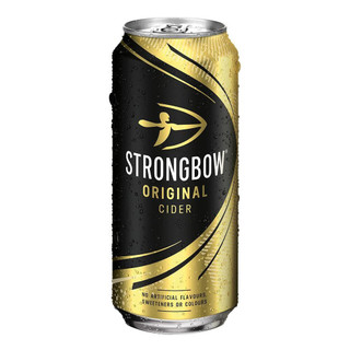 A single black and gold can with the Strongbow name in bold white letters. Above the name is the infamous logo of an archer.