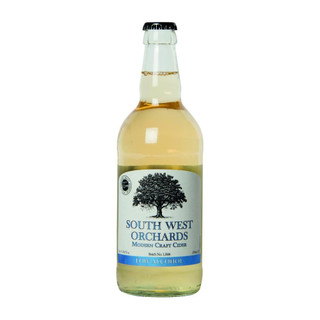 A single transparent bottle with a white label around the body, showcasing the South West Orchards name in metallic blue.
