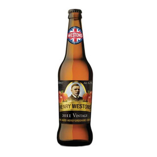 A single amber-hued bottle with a Union Jack image, there is a portrait of Henry Weston in the centre of the body label.