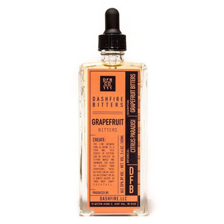 A single bottle with a pipette closure. The Dashfire Bitters Grapefruit orange label is placed in the centre of the bottle.