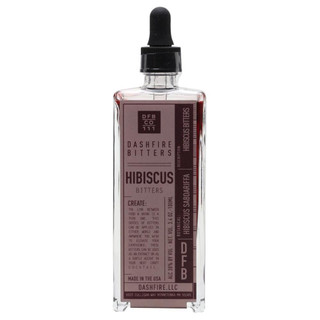 A single bottle with a pipette closure. The Dashfire Bitters Hibiscus purple label is placed in the centre of the bottle.
