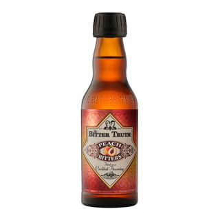 A single amber-hued bottle with The Bitter Truth embossed above the red-orange label. In the centre is the peach flavour.