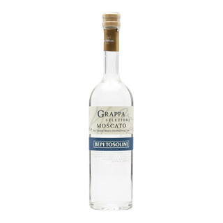 A single transparent bottle with a cork closure, the Bepi Tosolini name is in white, wrapped around the centre in blue.