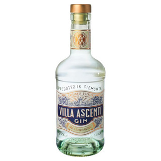 A single transparent frosted bottle with a gold cap, the Villa Ascenti name is written against a blue and gold label.