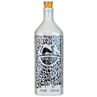 A single white bottle with a cork closure, the Forest Gin name is written in bold in the centre, against thorns and florals.