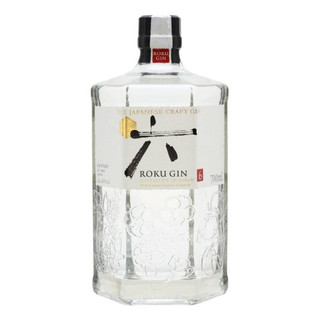 A single transparent bottle with florals around it, the Roku Gin name sits quietly below the Japanese symbol painted in black