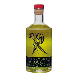 A single transparent bottle with an embossed capital R in the centre, above a black label showcasing the Sir Robin name.