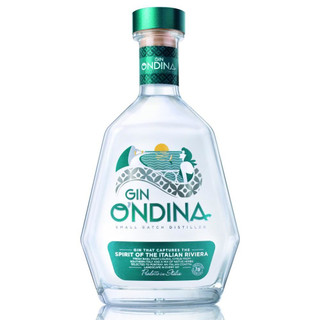 A single transparent bottle with a metallic teal coloured cap and label, with the Gin O’ndina name printed above it.