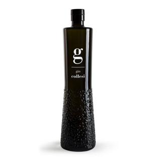A single dark green-hued bottle that is embossed with floral artwork, the G Gin Collesi name is written boldly in white.